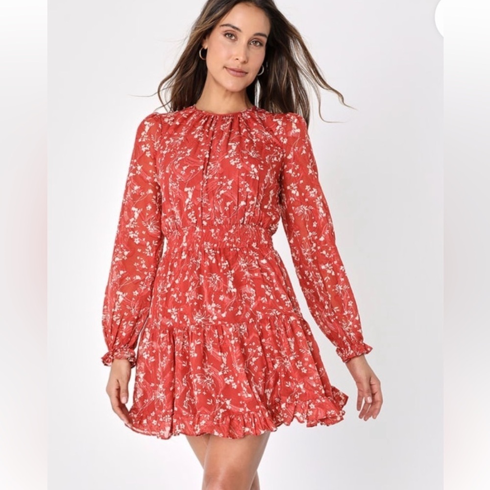 Lulus Floral Smocked Long Sleeve Mini Dress Womens Size S Red - Picture 10 of 12